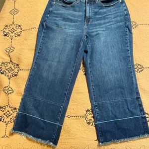 Judy Blue; crop, wide leg with raw hem blue jeans.